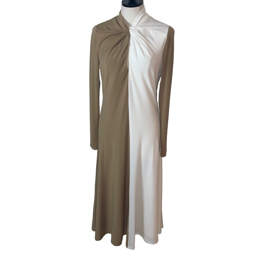 Halston Adelina Jersey Dress Size 8 Tan White Colorblock Twisted Neck Pullover